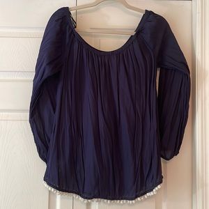 Lilly Pulitzer Navy off-the-shoulder top with white pom pom trim